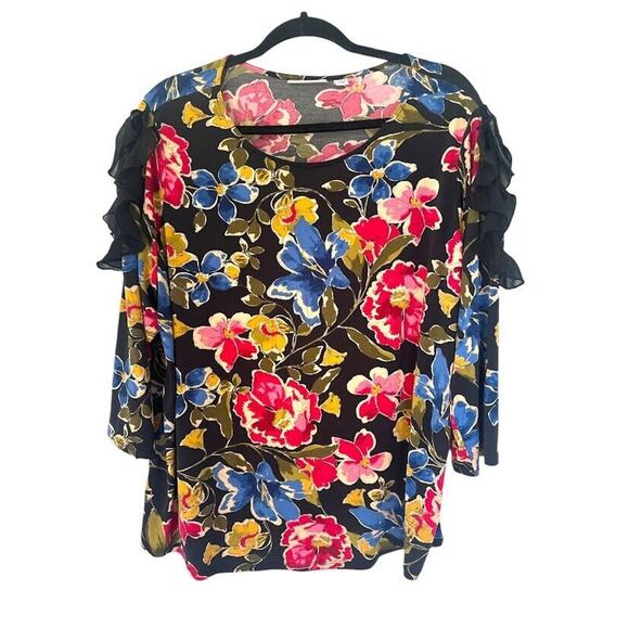 Susan Graver Floral Top Ruffle Lace Shoulder 3/4 Sleeve Liquid Knit Plus Size 1X - Picture 1 of 8